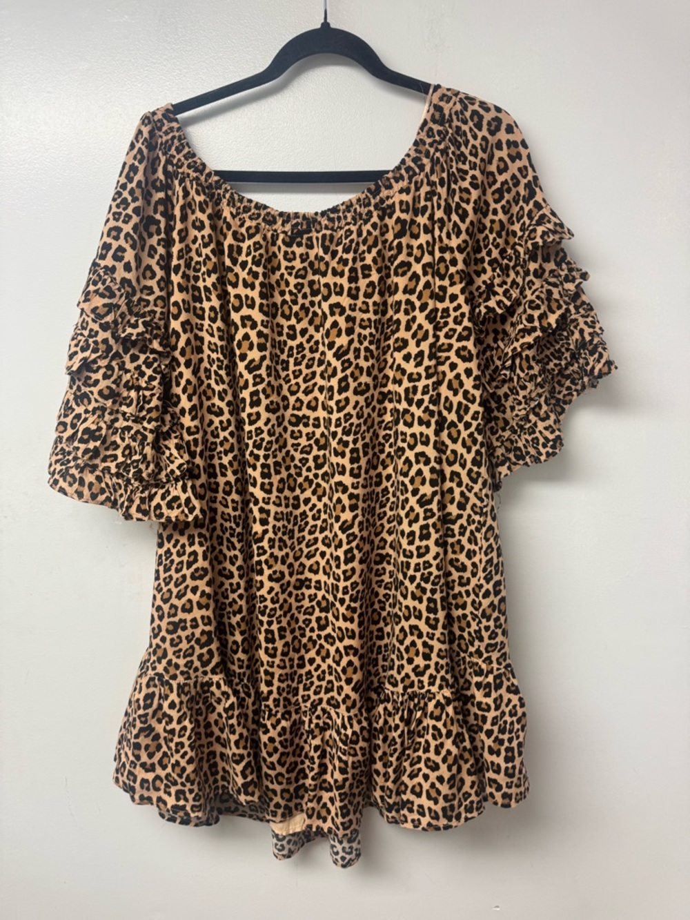 VICI Leopard Print Ruffle Sleeve Mini Dress Womens Large Boho Tiered Babydoll A8 - Picture 4 of 9